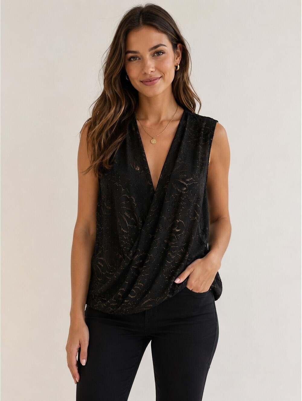 Donna Karan New York Black Metallic Floral Sleeveless V-Neck Blouse Top Size M